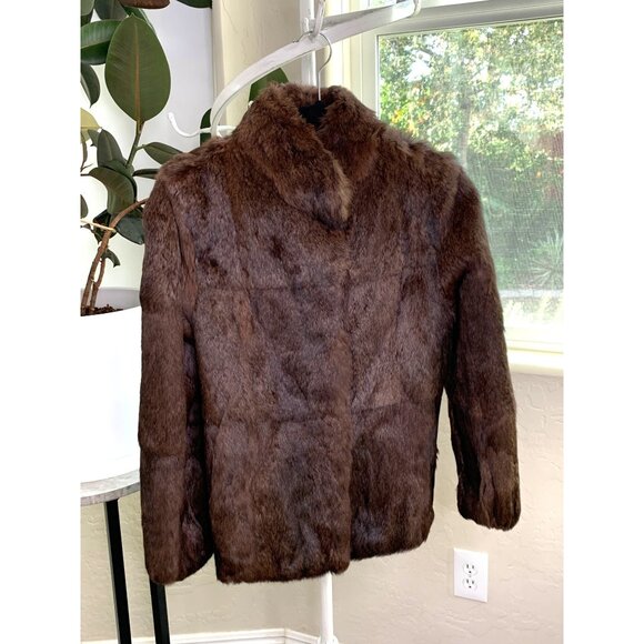 Genuine Vintage Rabbit Fur Brown Size S 6 Stand Collar Satin Lined Pockets 7019 - Picture 3 of 8